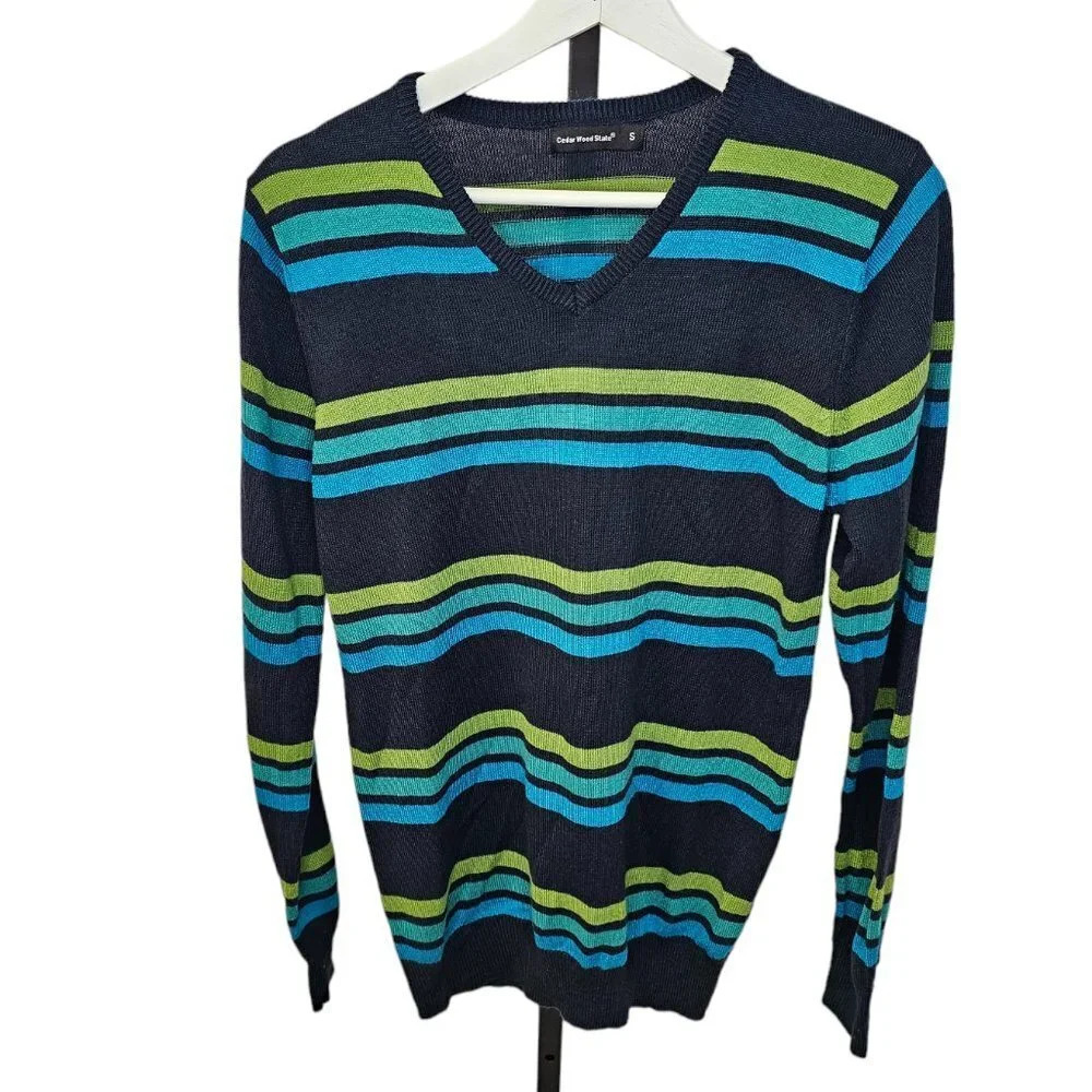 Cedar Wood  State Mens V-Neck Striped Pullover Sweatshirt Size Small